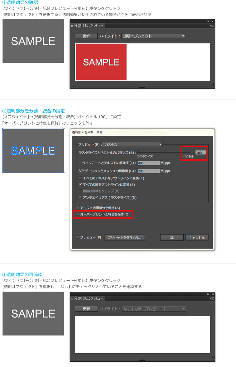 透明の分割・統合設定